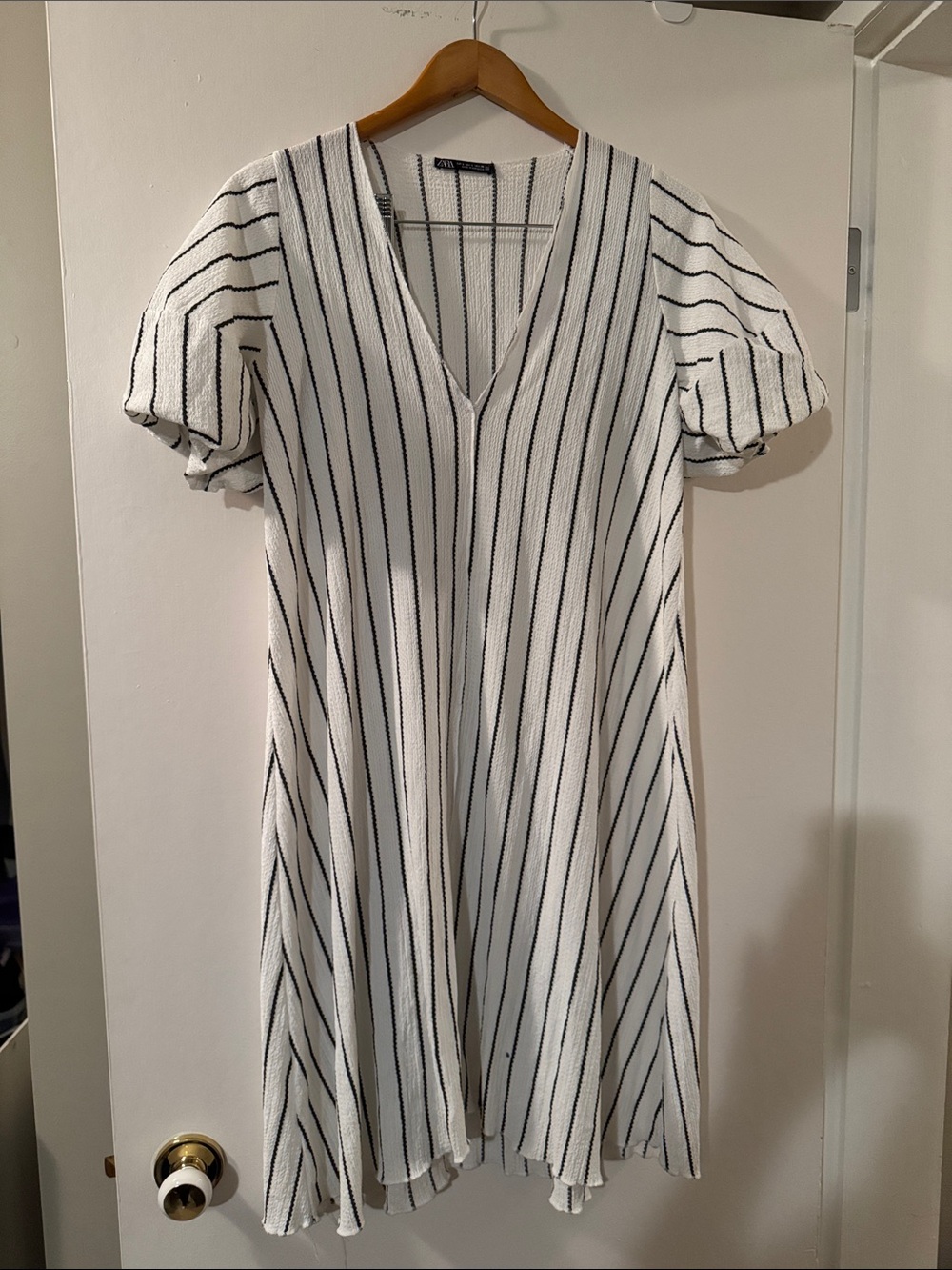 Zara White Dress with Black Vertical Stripes